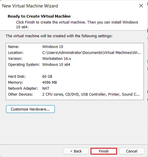 Ready to create virtual machine