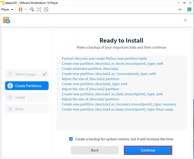 Ready to install deepin continue