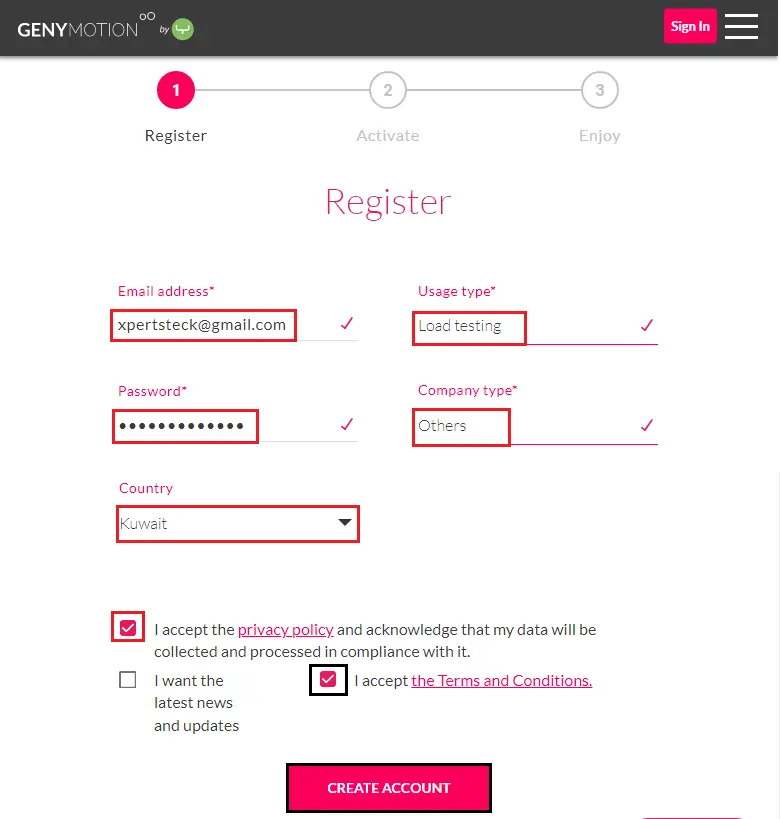 Register genymotion