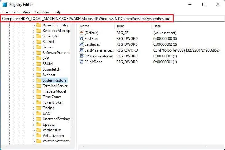 Registry editor systemrestore