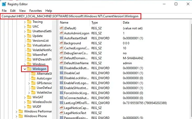 Registry editor winlogon