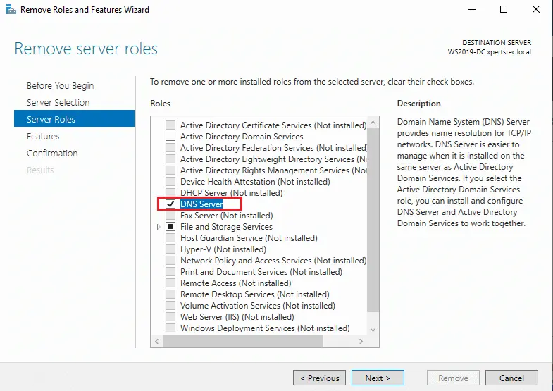 Remove Server roles DNS Server
