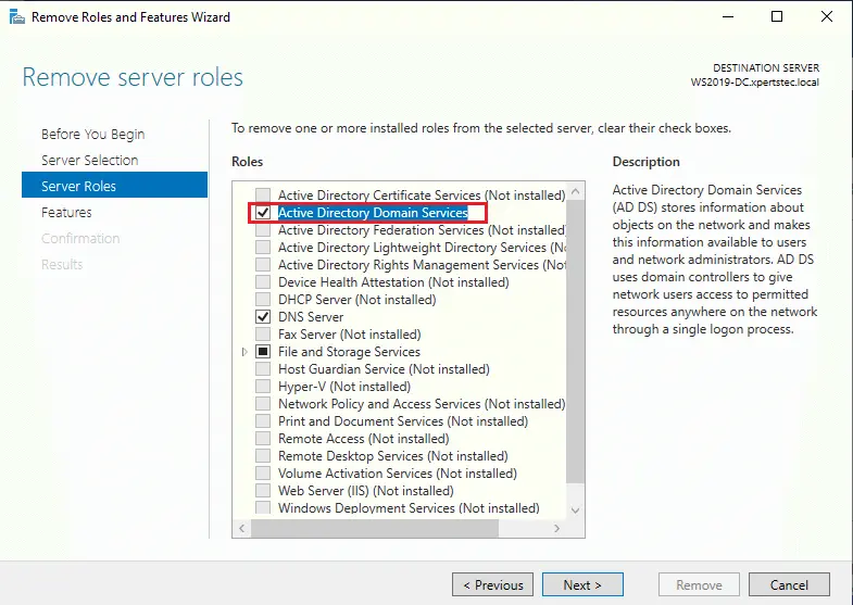 Remove Server roles active directory