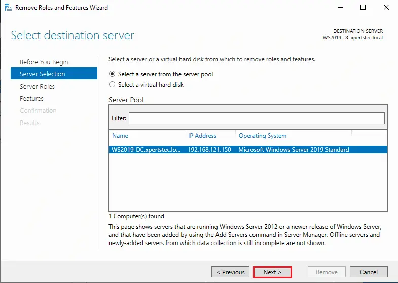 Remove roles and features server pool