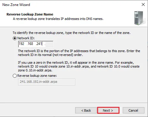 Reverse lookup zone network id