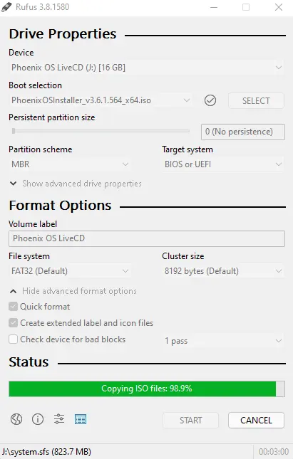 Rufus creating bootable USB