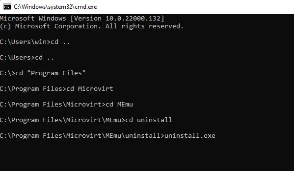 Run command MEmu uninstall
