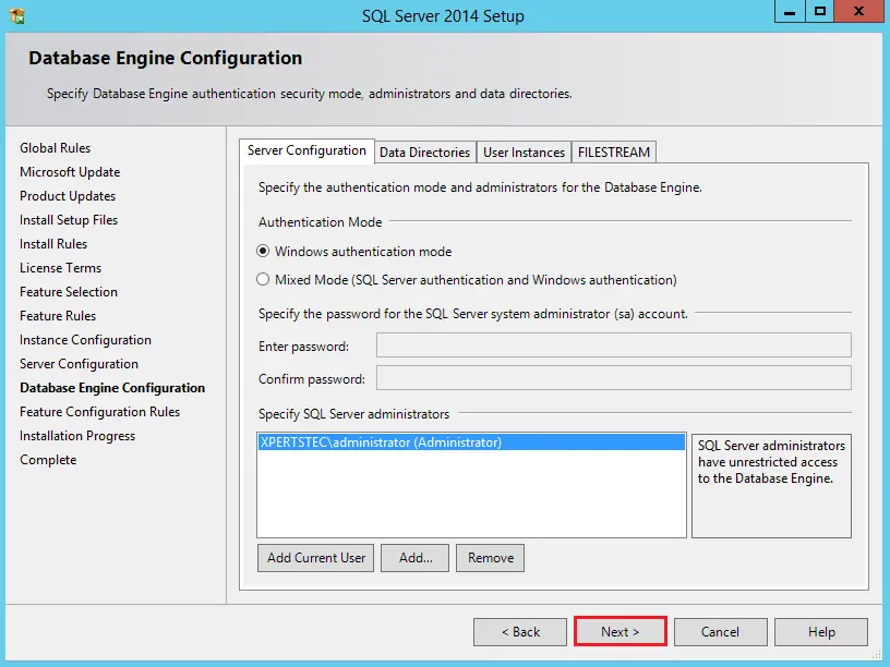 SQL database engine configuration