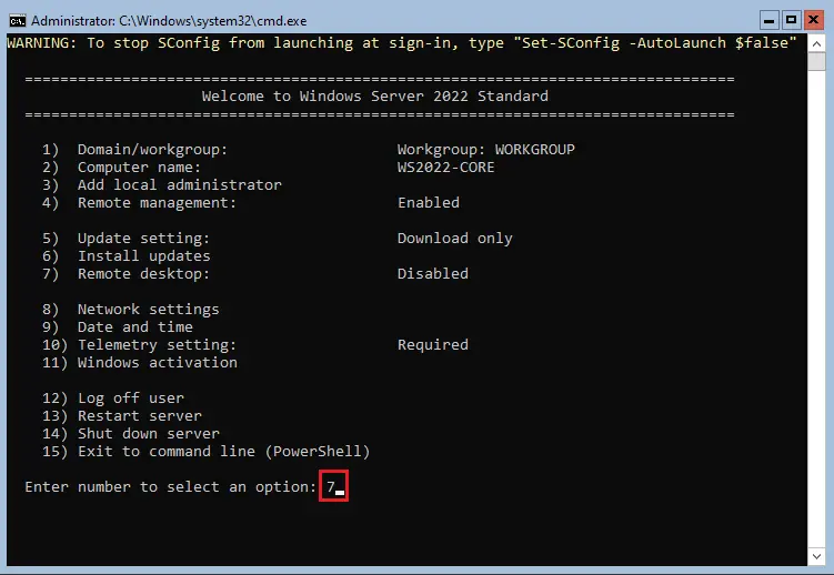 Sconfig Windows’s server 2022 core