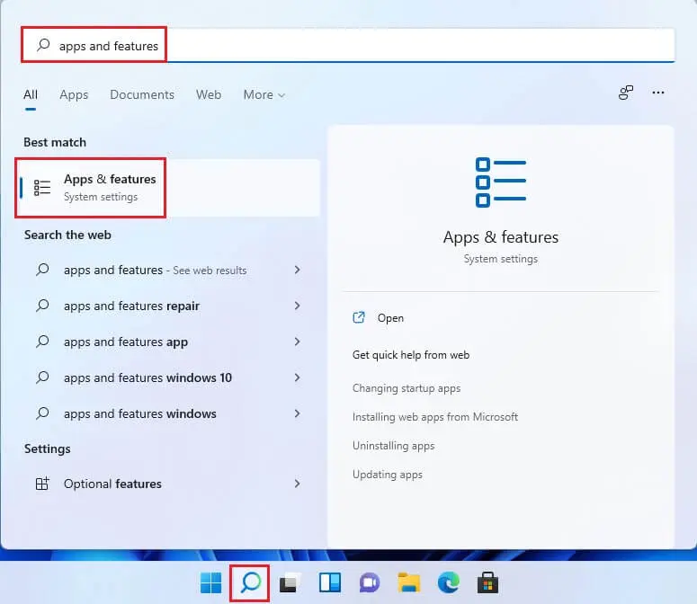 Search app & features windows