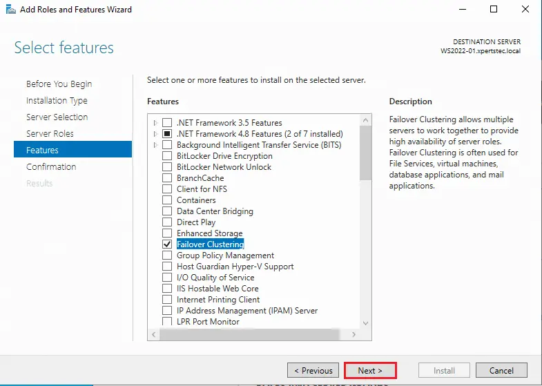 Select feature failover clustering 2022