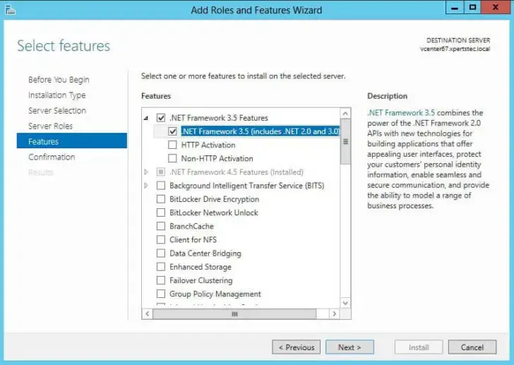 Select features .net framework 3.5