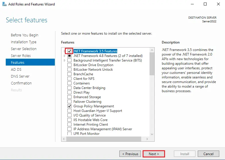 Select features .net framework 3.5