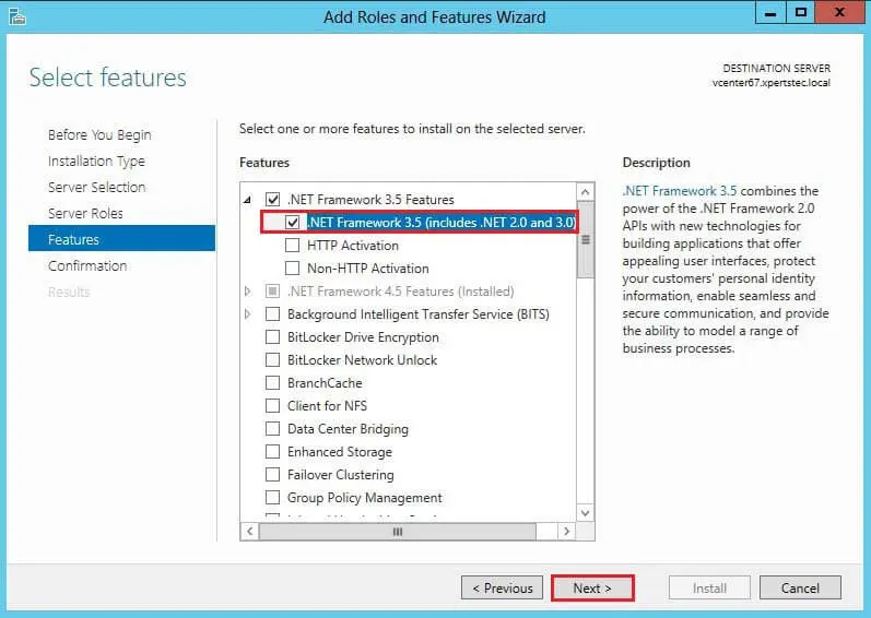 Select features .net framework 3.5