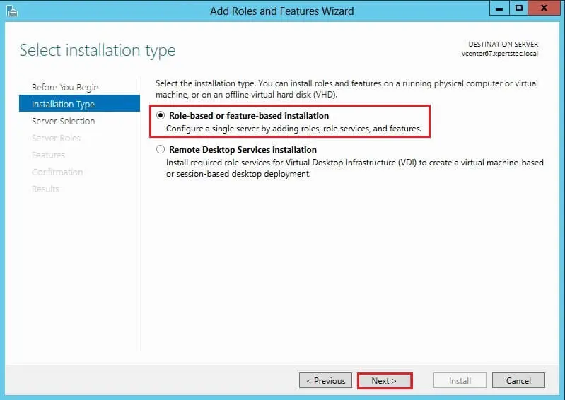 Select installation type add role