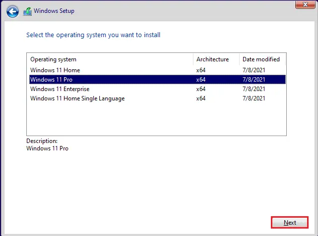 Select operating system Windows setup