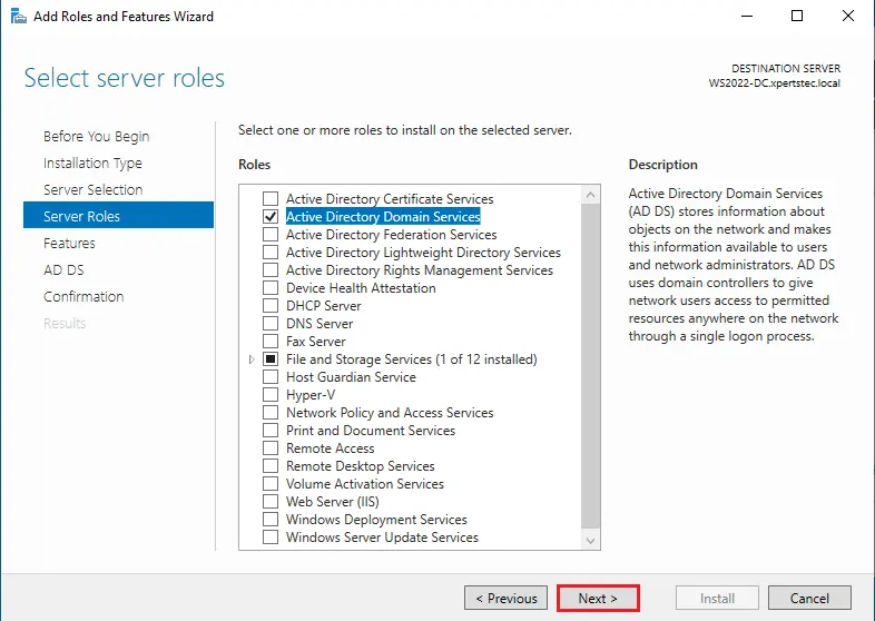 Select roles active directory