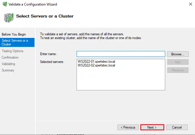 Select servers or a cluster