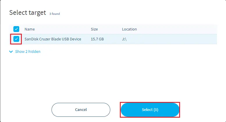 Select target usb balenaetcher