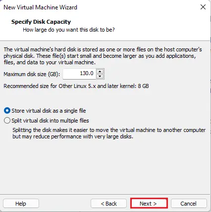 Specify disk capacity virtual machine