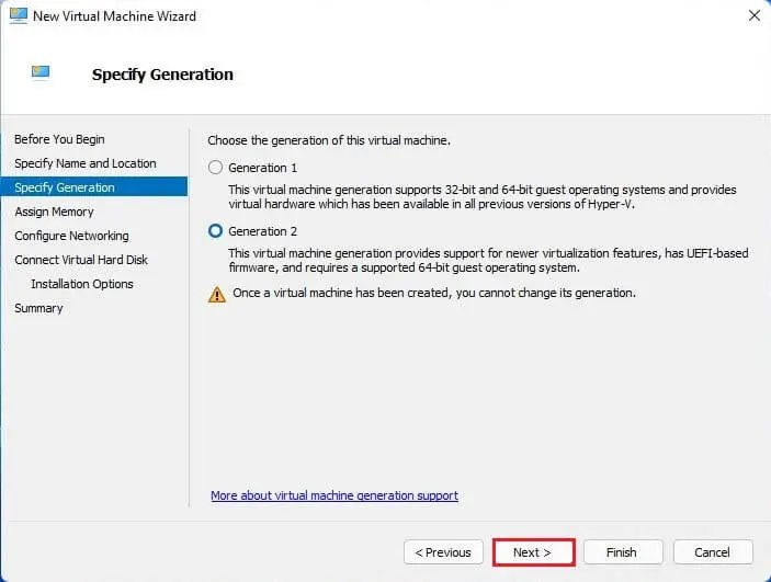 Specify generation Hyper-V