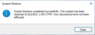 System restore completed successfully