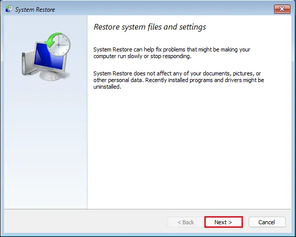 System restore files and settings