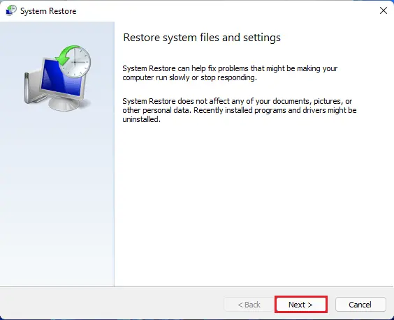 System restore files and settings