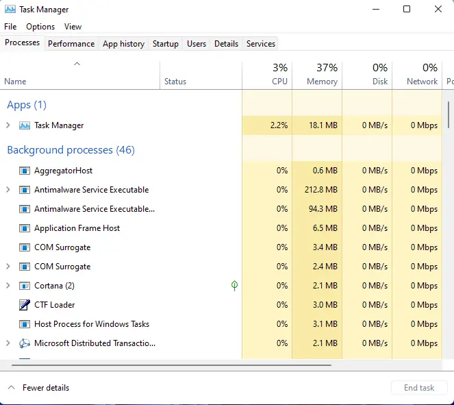 Task manager in Windows 11