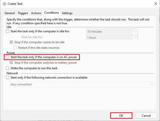 Task scheduler task conditions