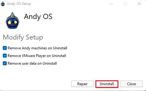 Uninstall Andy OS