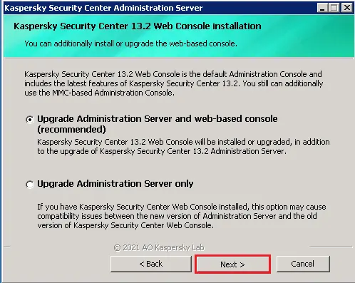 Upgrade Kaspersky administrator server