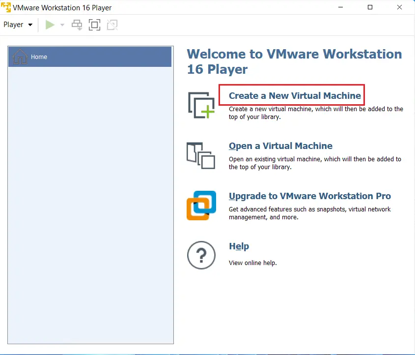 VMware Player 16 Home Screen