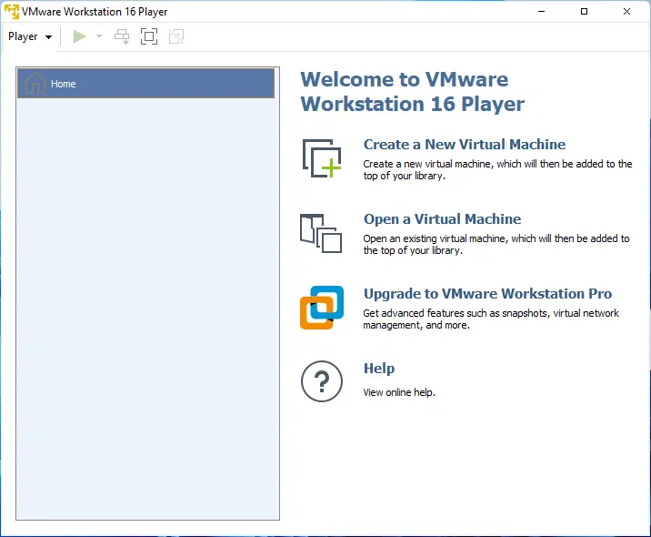 VMware Player 16 Home Screen