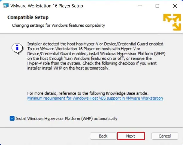 VMware Player setup WHP