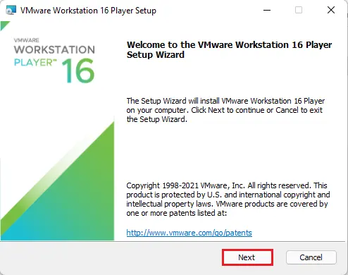 VMware player setup wizard