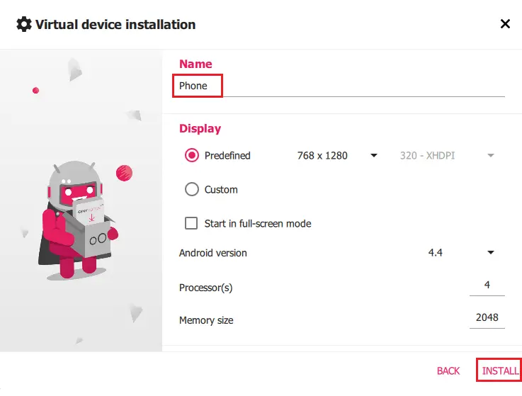 Virtual device installation genymotion