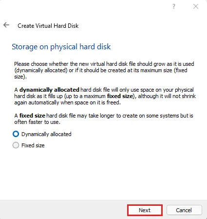 Virtual hard disk dynamic allocated