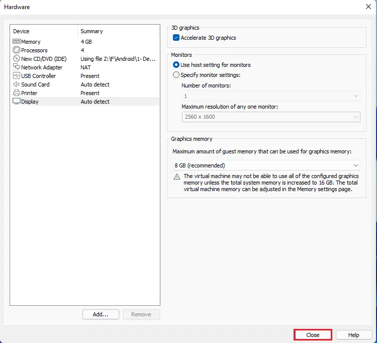 Virtual machine settings 3D Graphic