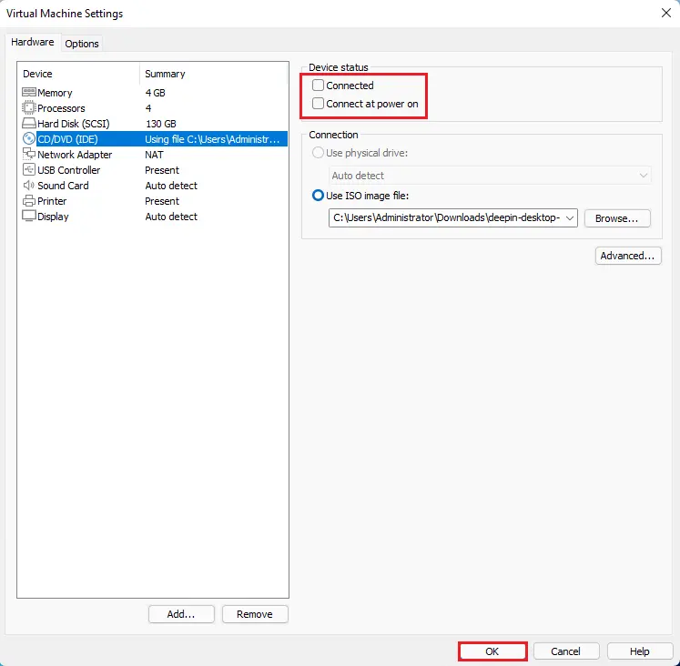 Virtual machine settings device status