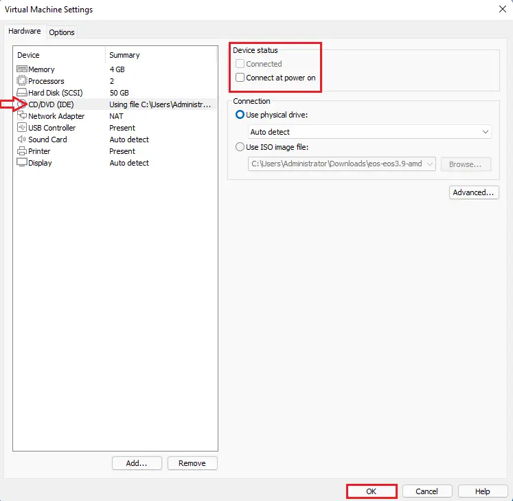 Virtual machine settings device status