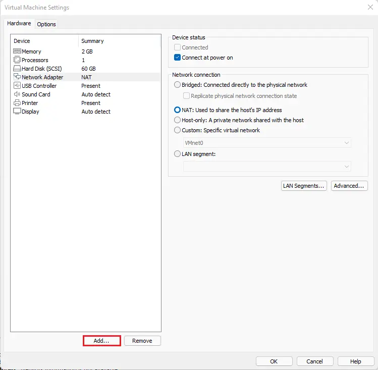 Virtual machine settings hardware