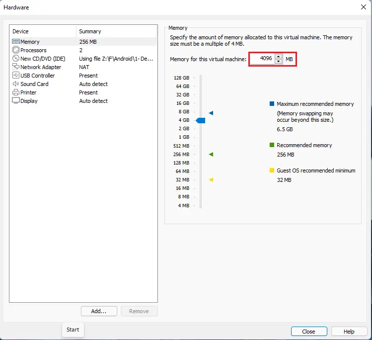 Virtual machine settings memory