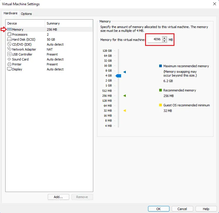 Virtual machine settings memory