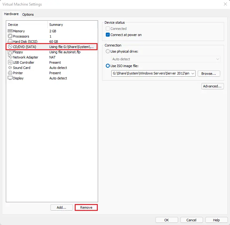 Virtual machine settings for Installing VMWare tools