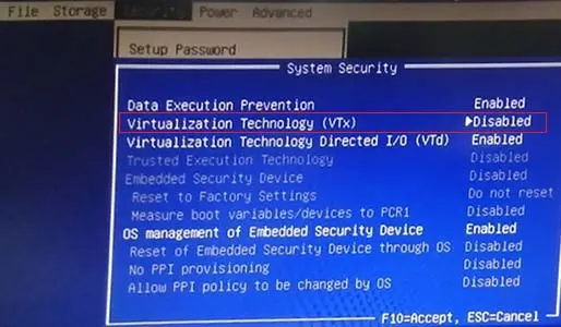 Virtualization technology vtx disabled