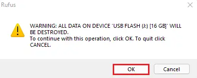 Warning all data on drive Rufus
