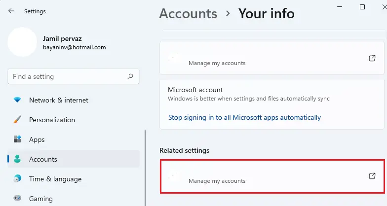 Window settings manage my account