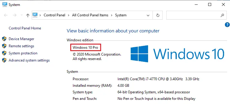 Windows 10 system properties