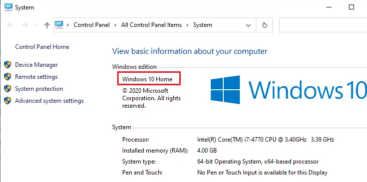 Windows 10 system properties